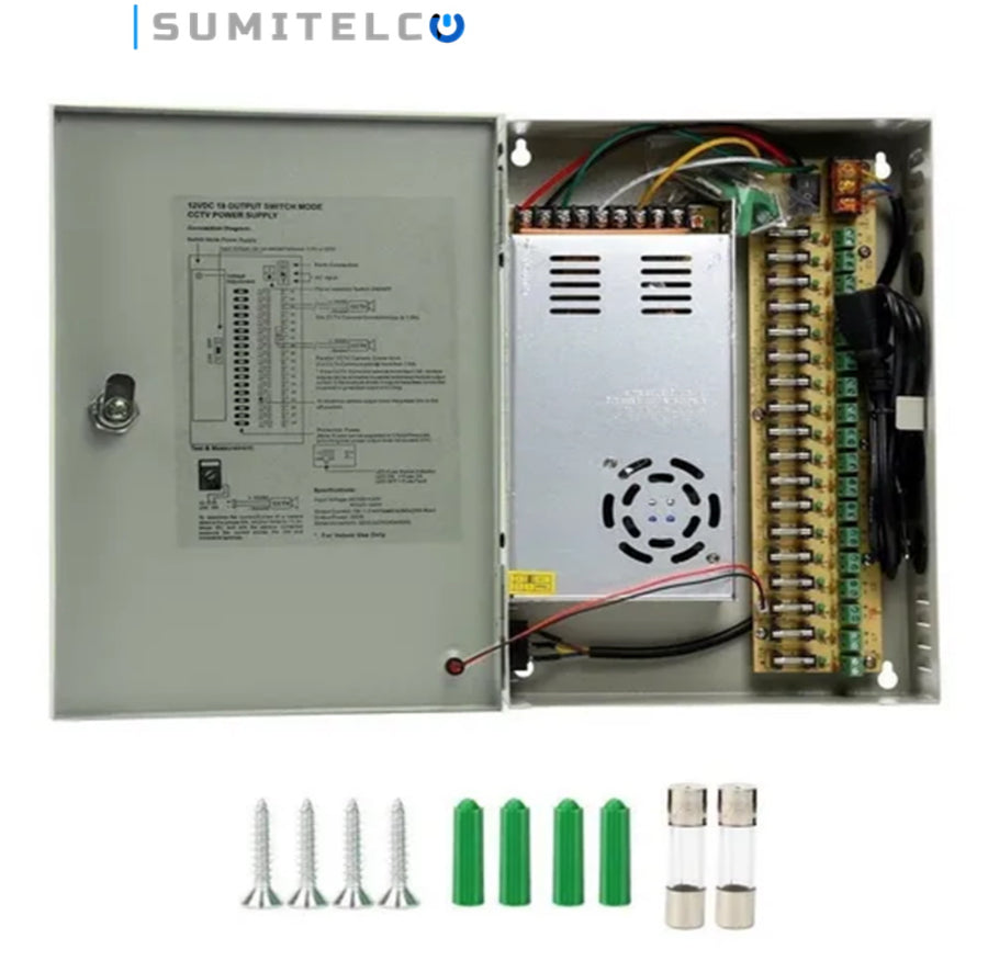 Fuente centralizada CCTV 12V 20A para 16 cámaras seguridad Colombia