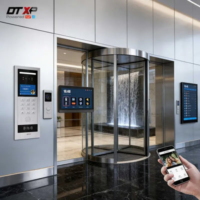 Videoportero multivivienda DTX en el lobby de un edificio, con la app en el celular