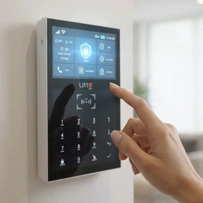 Mano que activa el panel táctil de la alarma Litte SA-857 en la pared