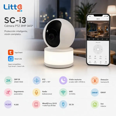 Cámara Litte SC-i3 PTZ 3MP 360° en la sala, con la app en el celular