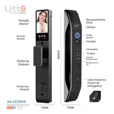 Cerradura inteligente Litte SA-CE3DK9 con reconocimiento facial, huella y pantalla