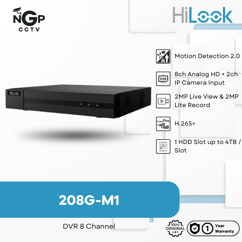 DVR-20BG-M1 HiLook, DVR 8 Canales H.265+ 1080P Lite Metal AoC