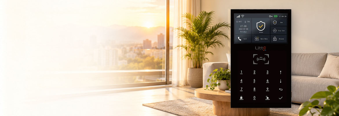Panel táctil de la alarma SA-857 en la sala de un apartamento